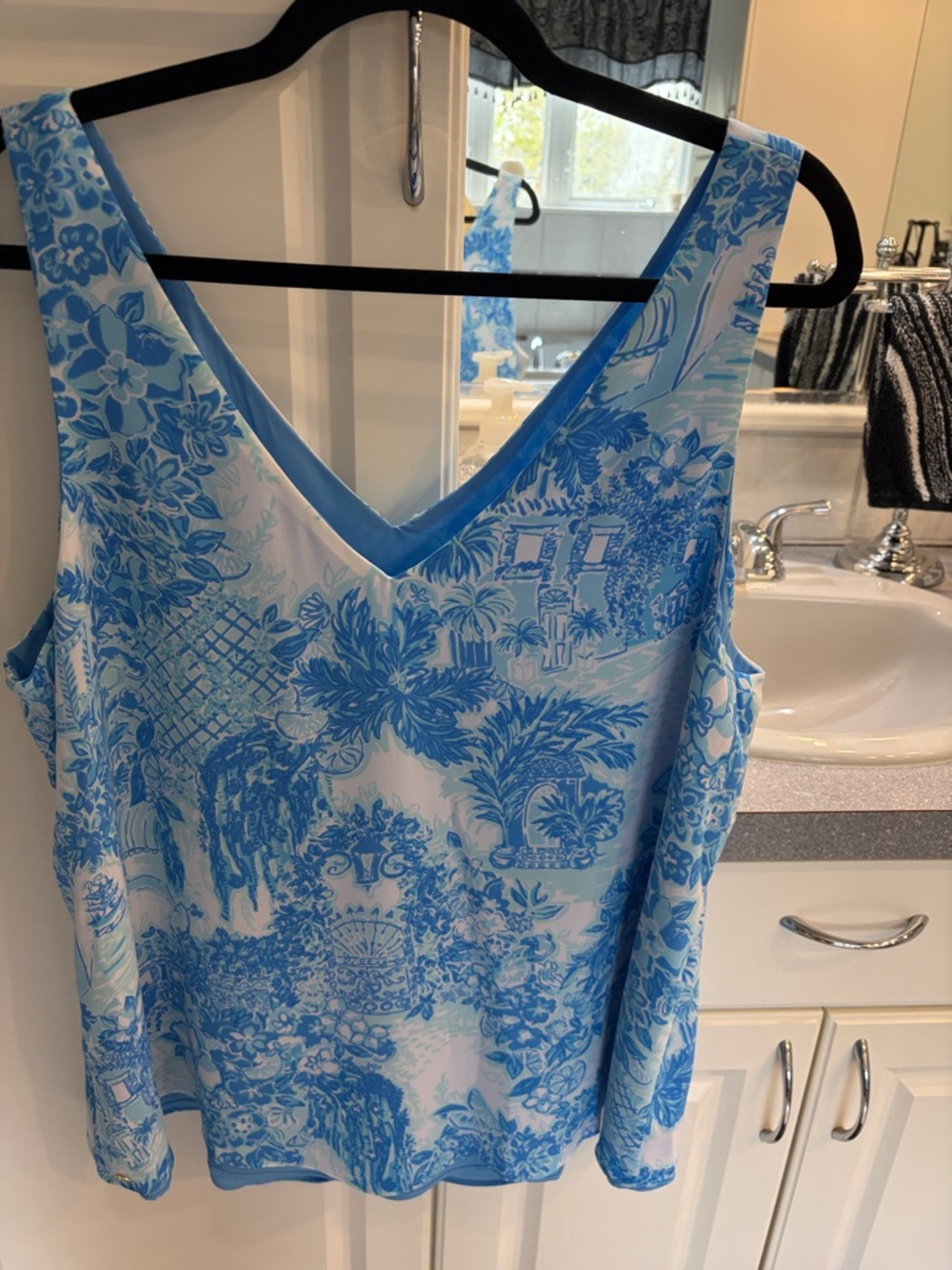 Blue and White Printed V-Neck Tank Top